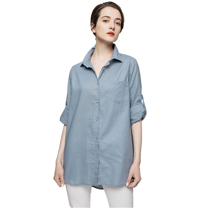 Minibee Women's Linen Blouse High Low Shirt Roll-Up Sleeve Tops Blue XL - Image 3